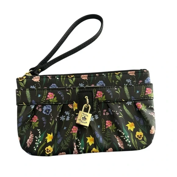 JUICY COUTURE BLACK/MULTI FIELD FLORAL WALLET/WRISTLET/FAUX LOCK NWOT - Picture 1 of 9